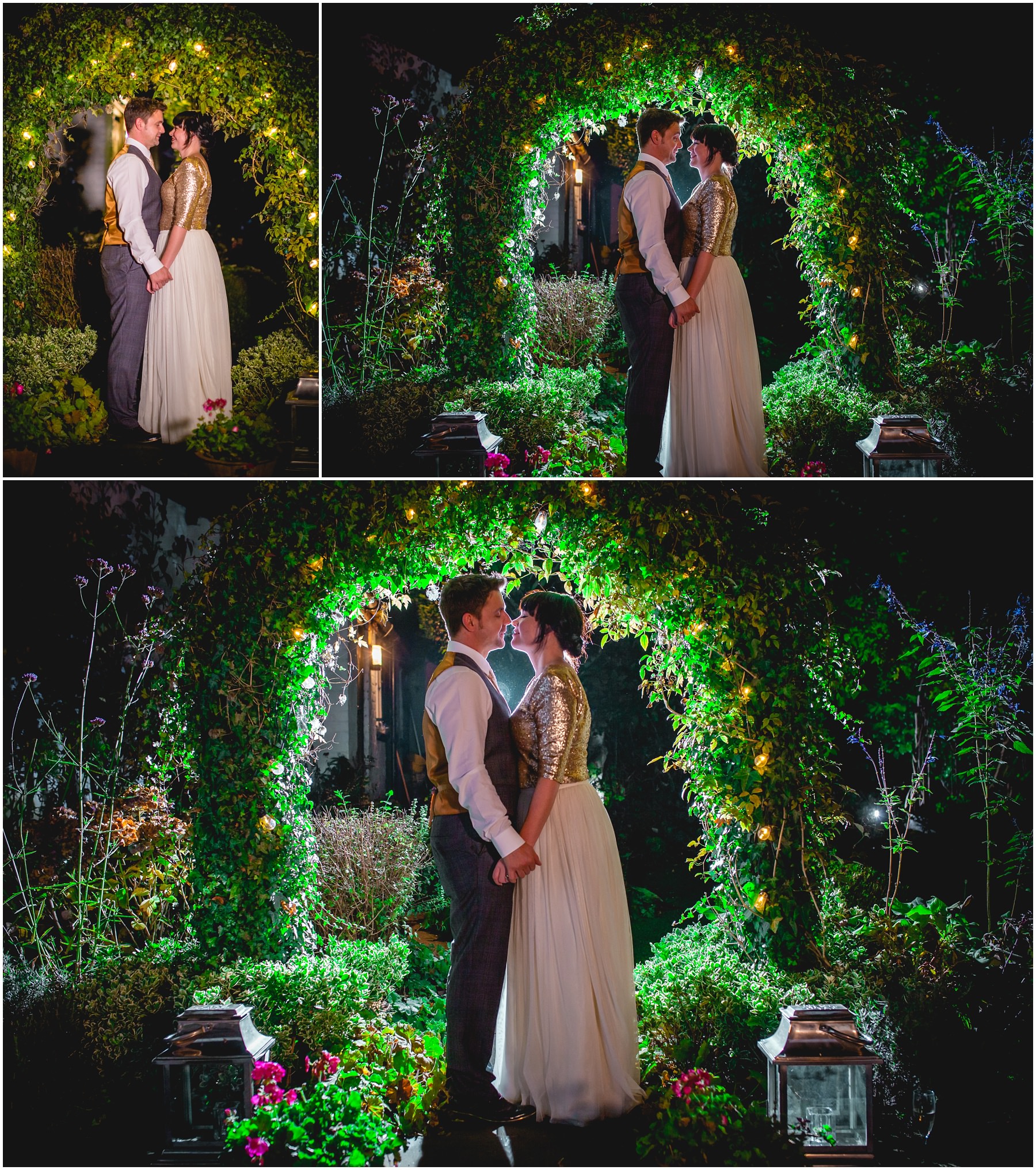 wedding photographs under the garden arch at the belle epoque