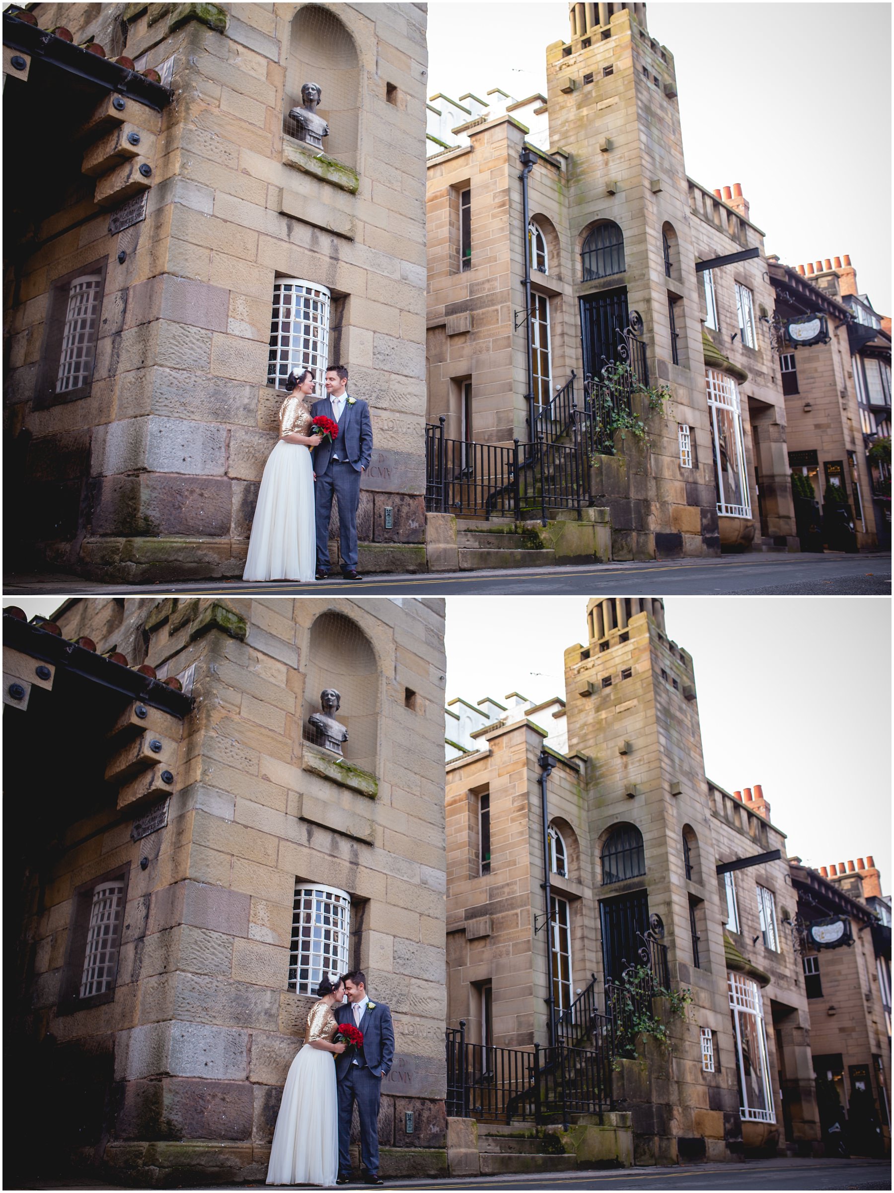 wedding photographs with a couple pictured outside the Belle Epoque