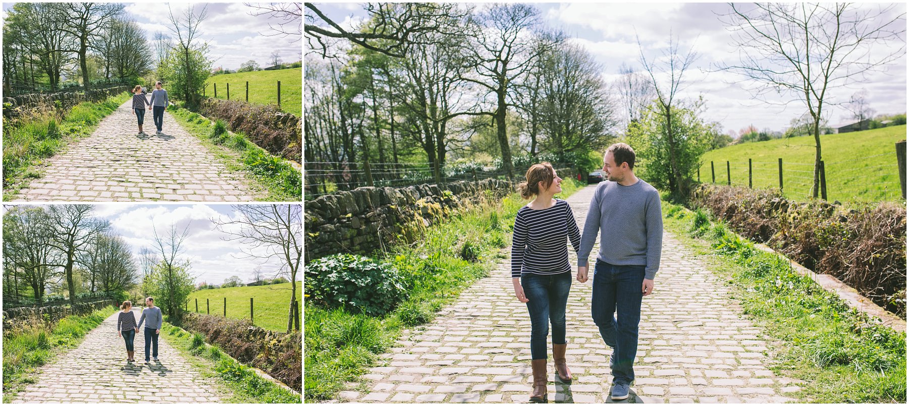 a couple hold hands and walk down a cobbled lane in Ramsbottom, Lancashire 
