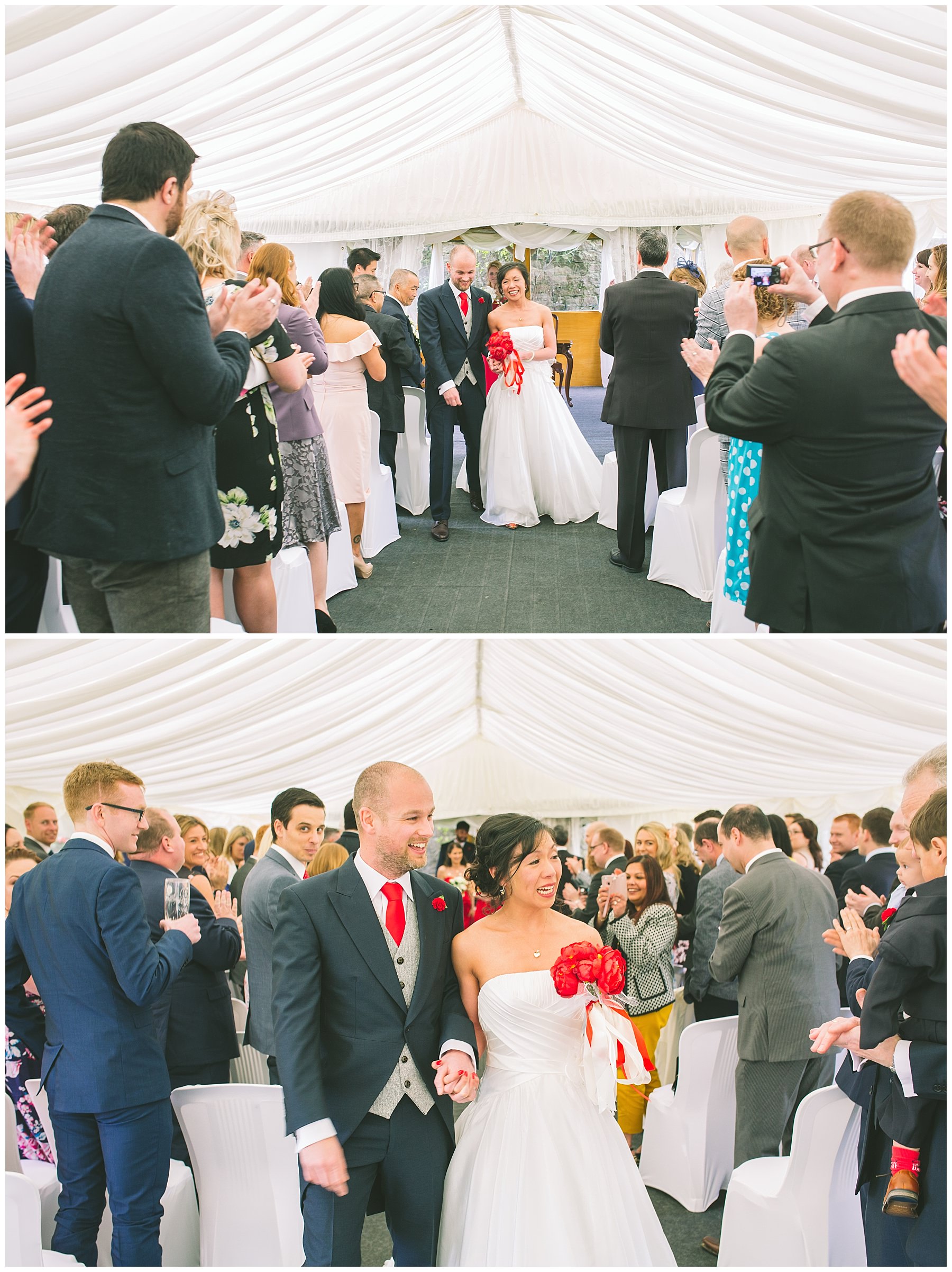 newly wedded couple leave the marquee after getting married