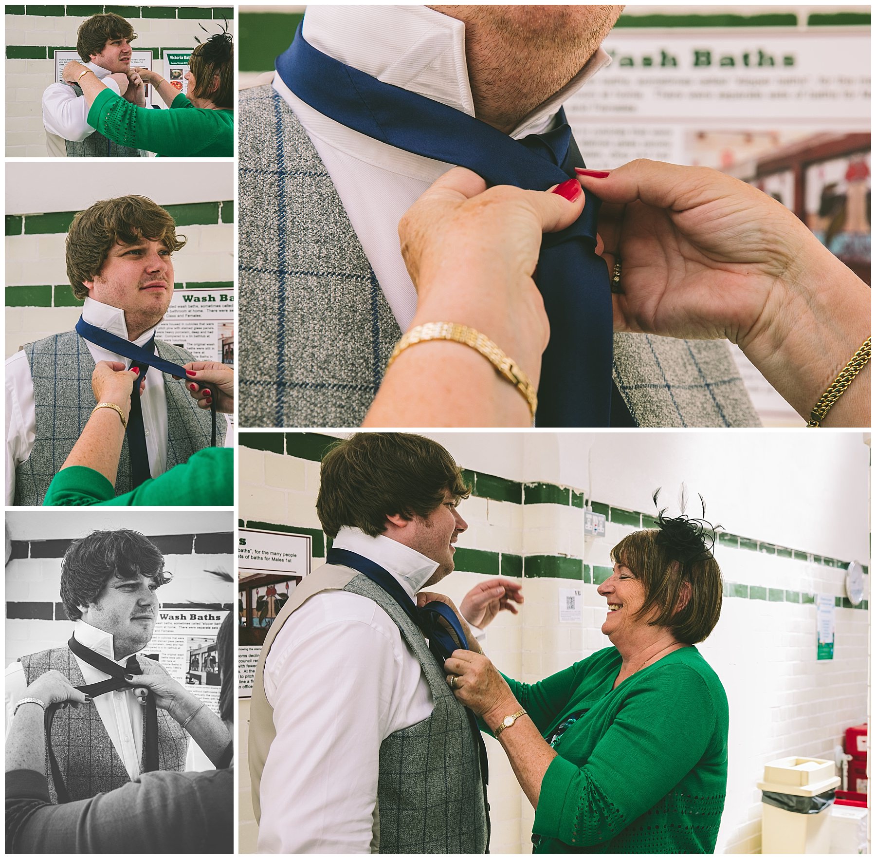 Grooms mum fixes his tie before the ceremony at Victoria Baths