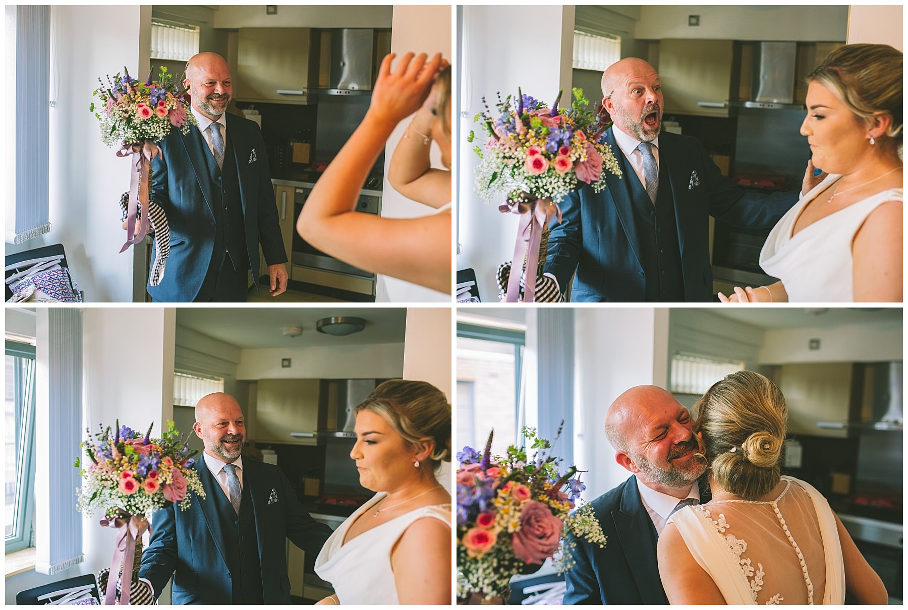 Brides father reacts to seeing his daughetrin her wedding dress