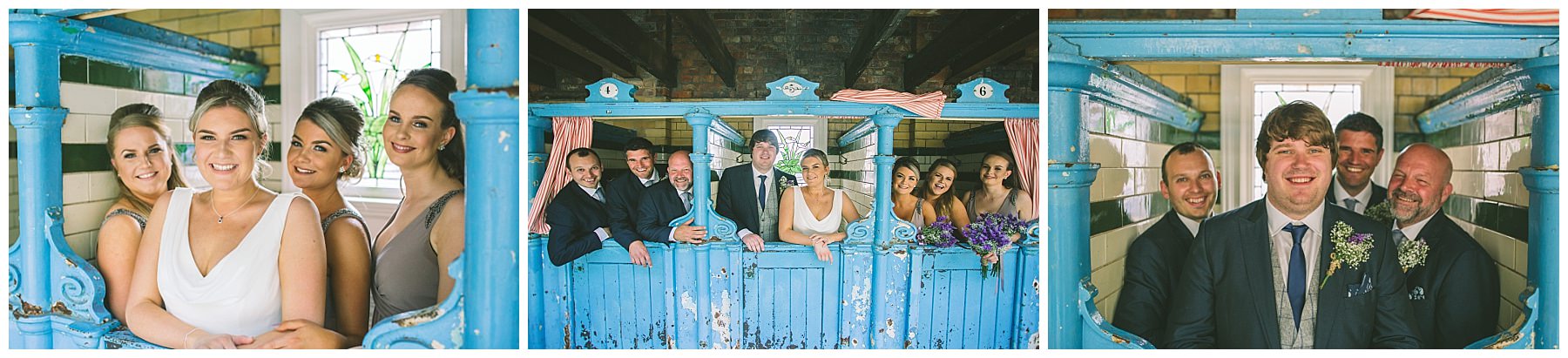 Bridesmaids and Groomsmen in the changing stalls at Victoria Baths