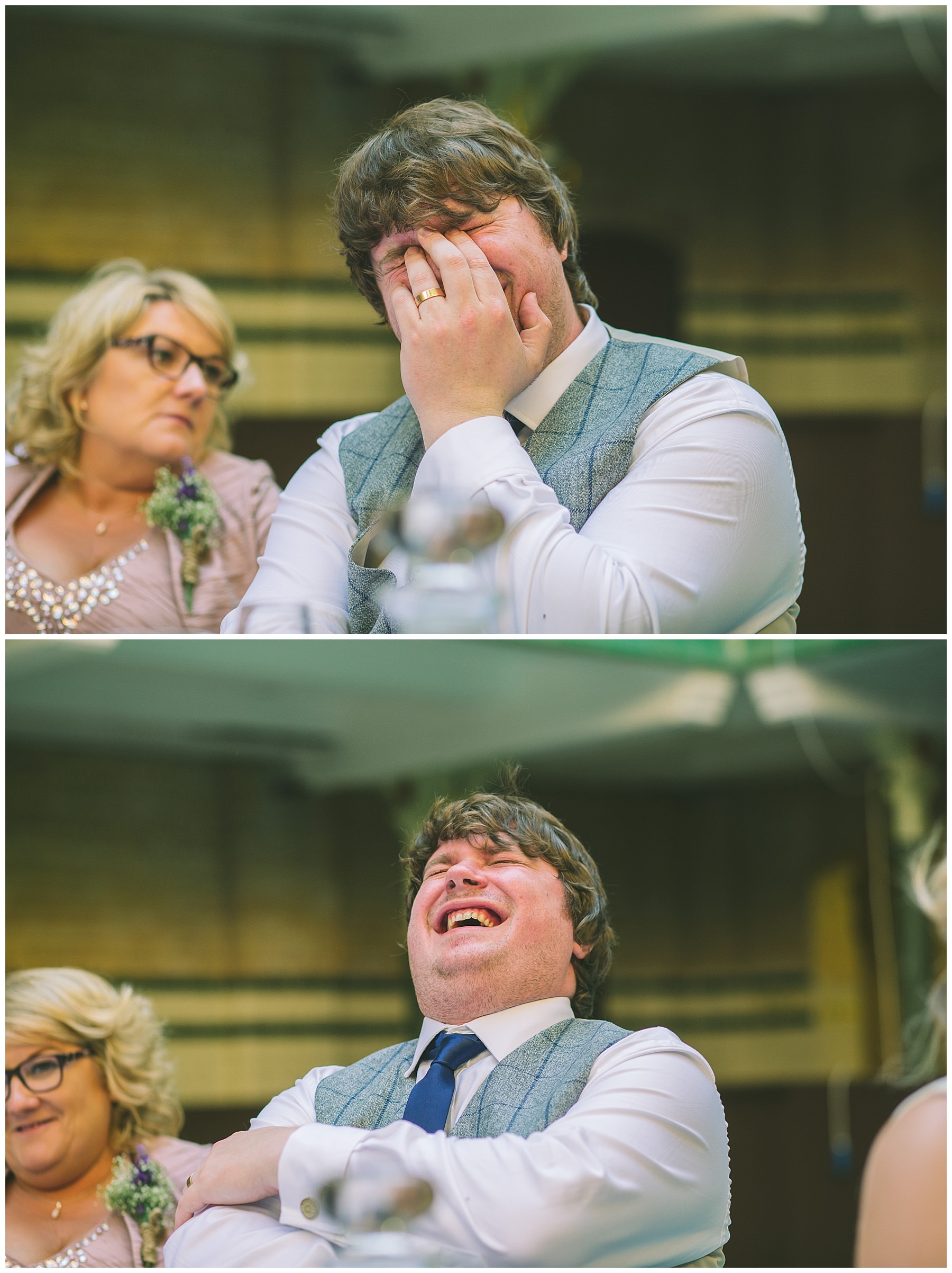 Groom laughing at his best mans speech