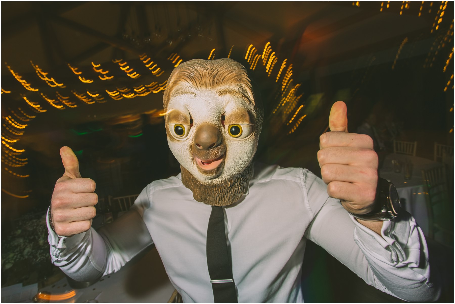 Man wears a sloth mask at Pryors Hayes wedding Party