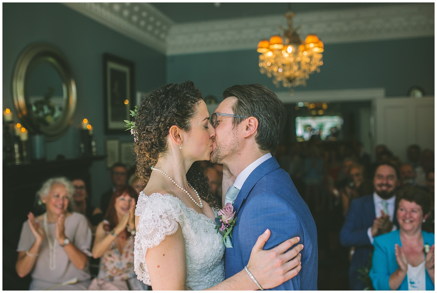 Married couple have their first kiss in the blue room at Didsbury House