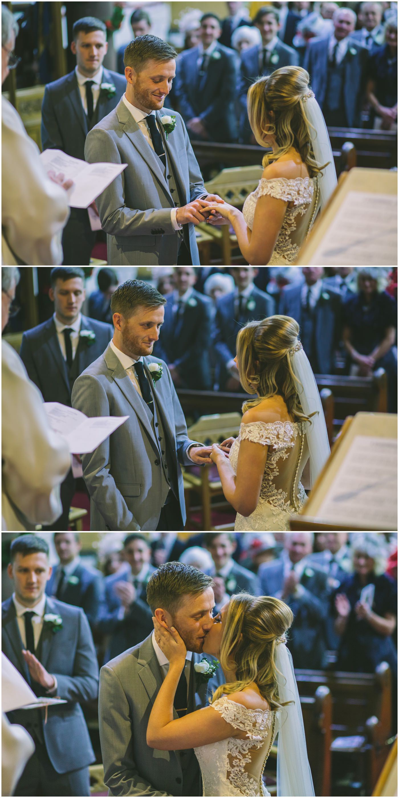 bride and groom exchange rings during the wedding ceremony