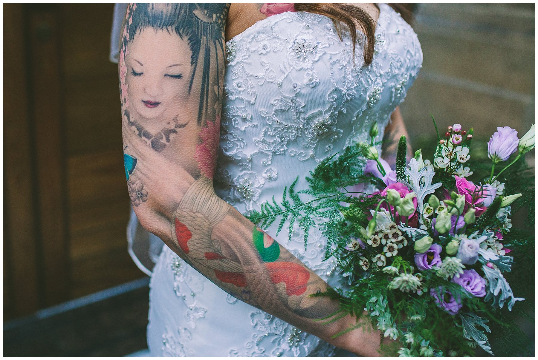 tattooed bride and bouquet