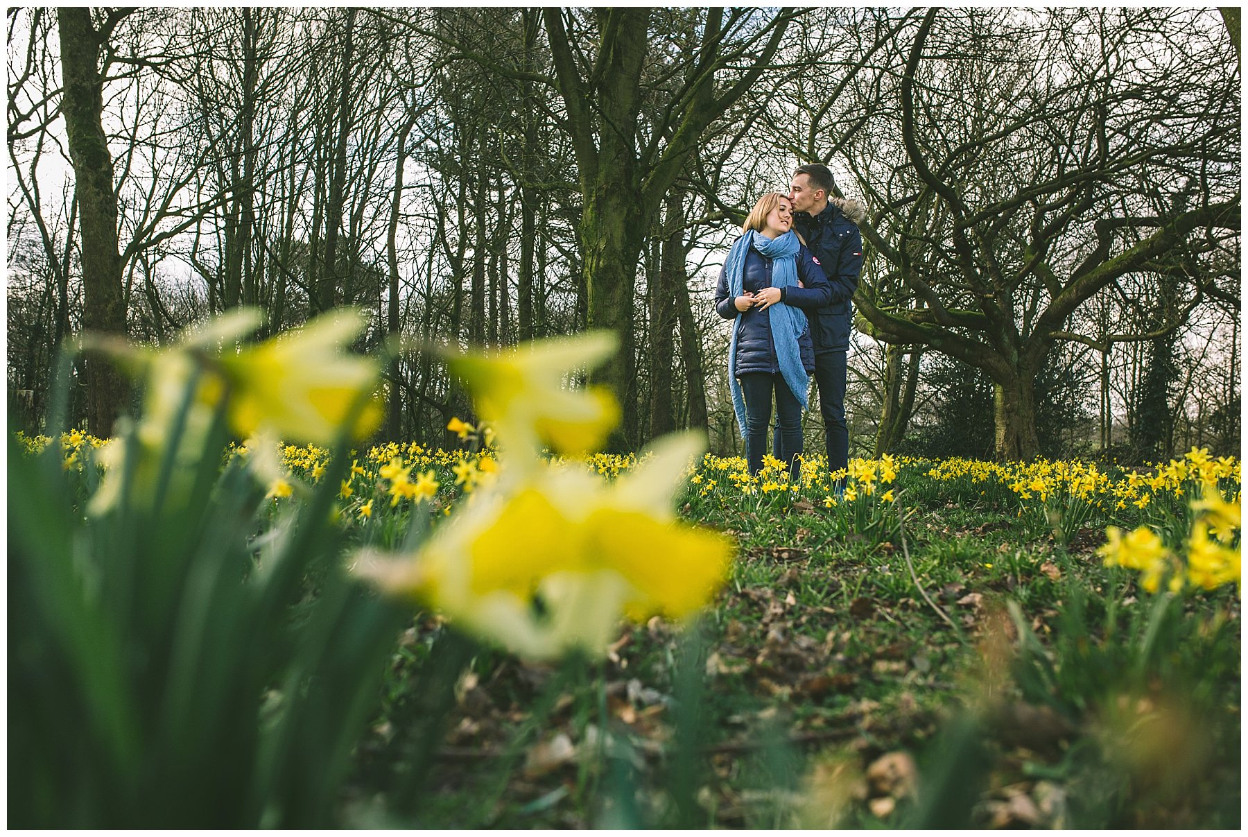 Engaged couple stand in field of daffodils
