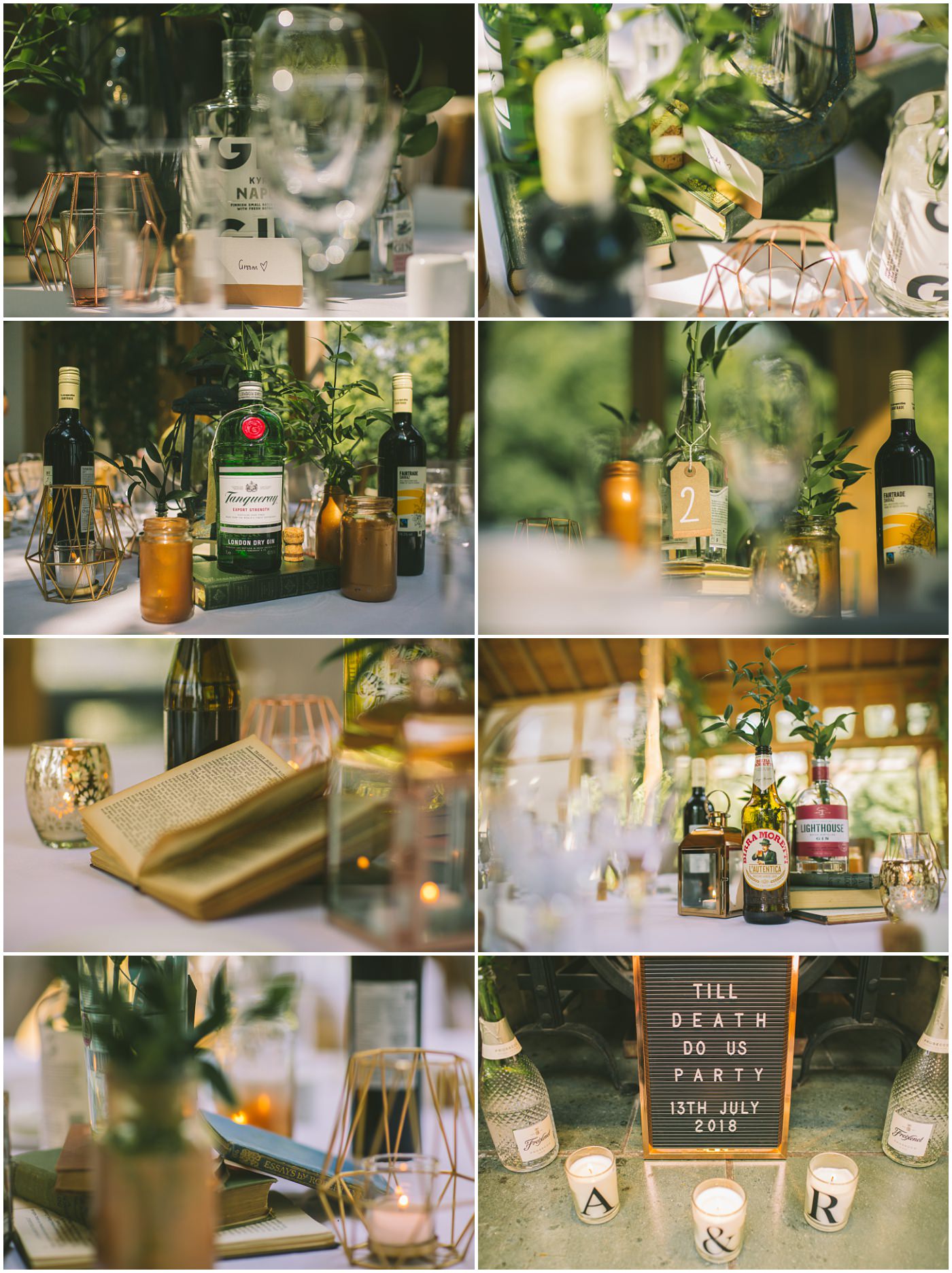 beautiful details and gin bottle centrepieces used in rustic DIY upcycled wedding