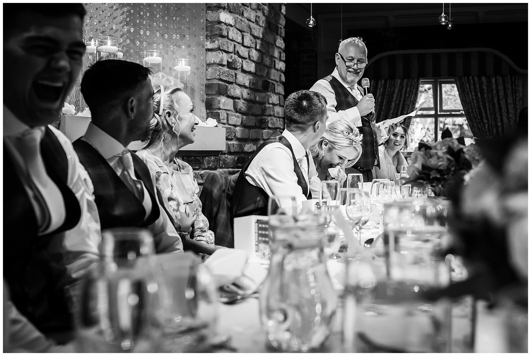 Father of the brides speech in black and white at Bartle Hall