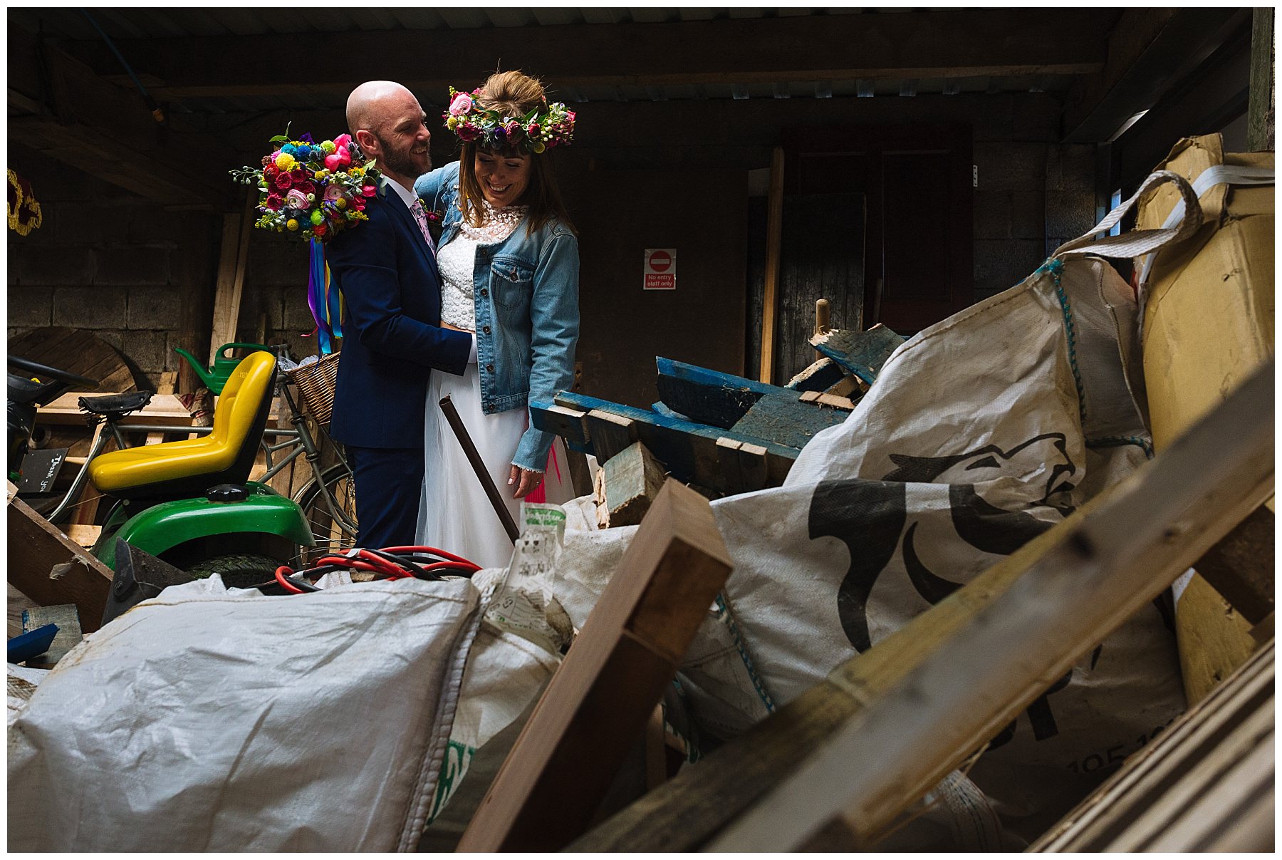 beautiful bridal portraits in the tractor shed at the wellbeing farm