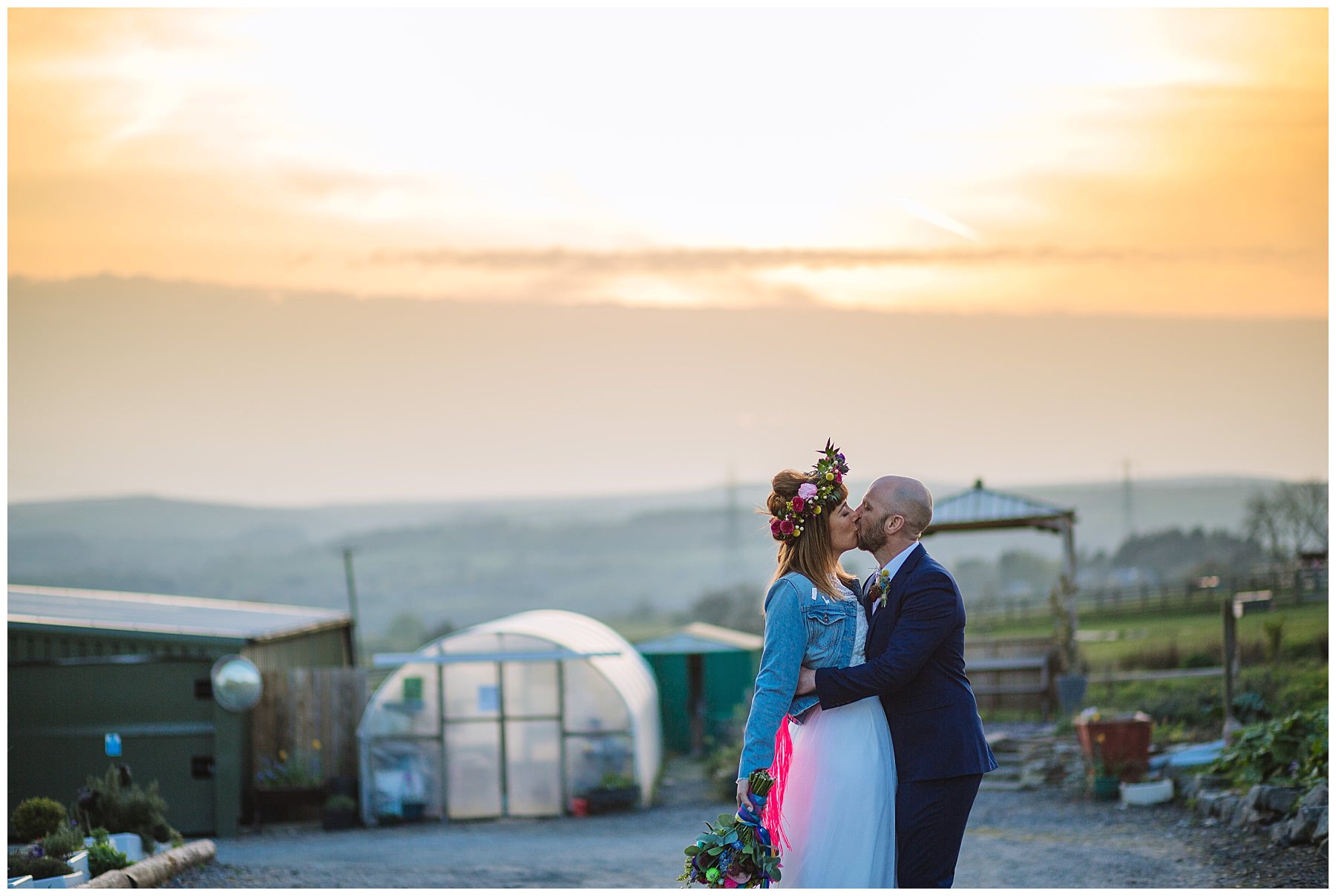 couples sunset portraits at quirky festival wedding