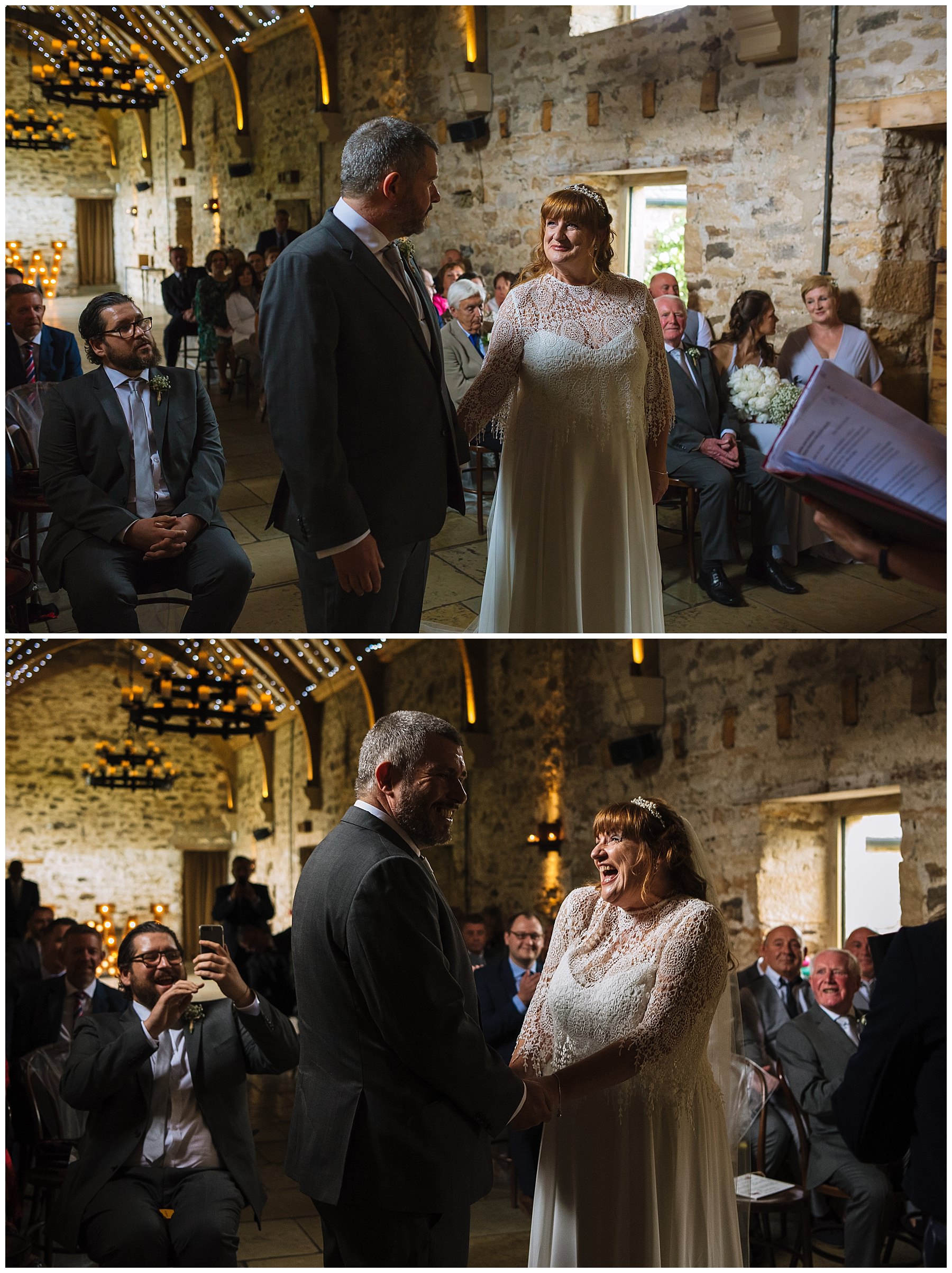 bride and groom laugh during healey barn wedding