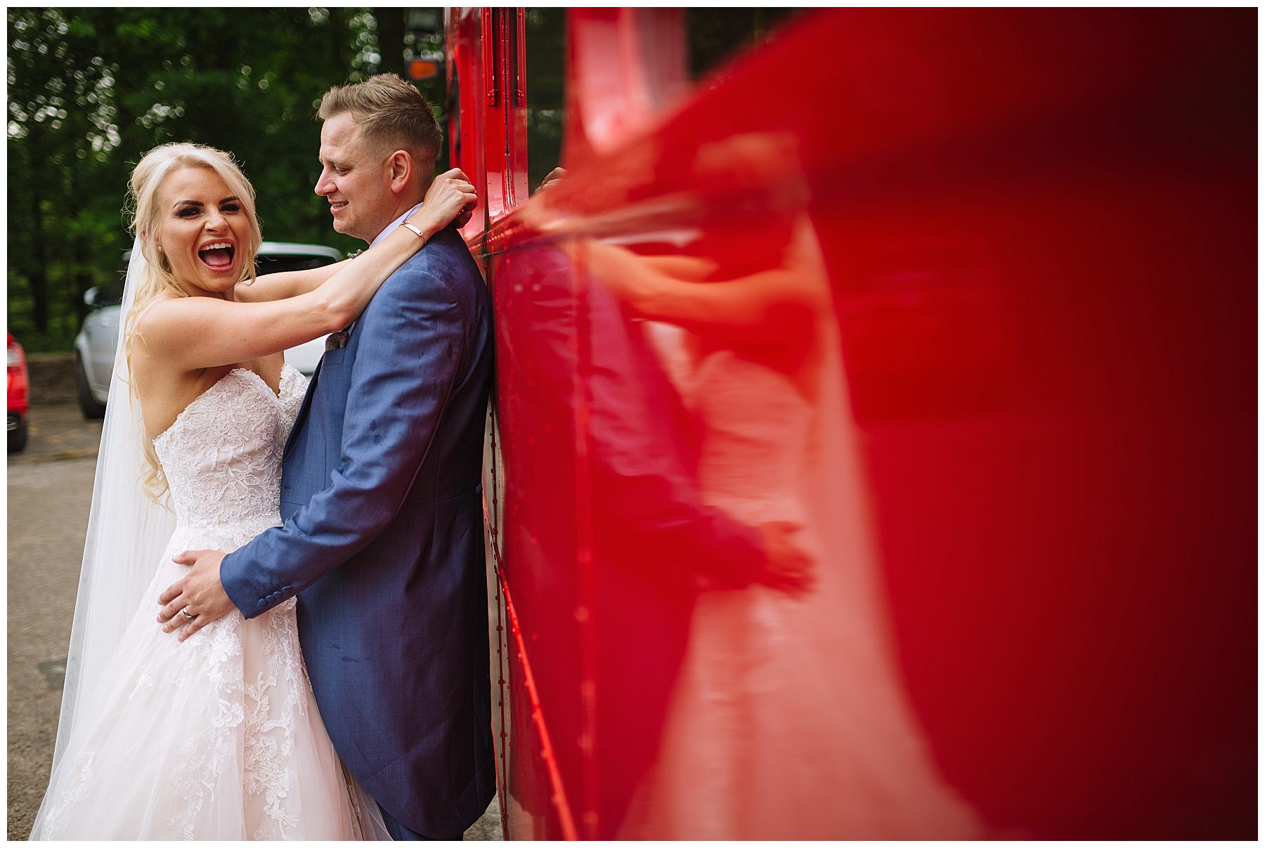 bride and groom laughing during wedding photos at rivington barn