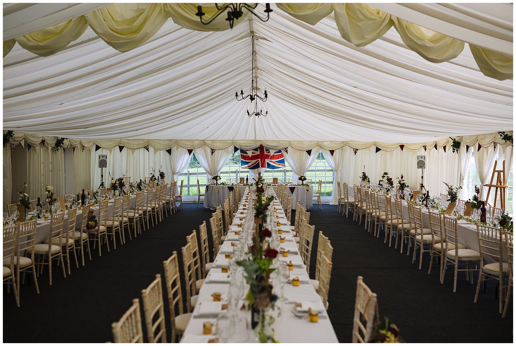 Hilltop House Marquee set out for informal wedding breakfast