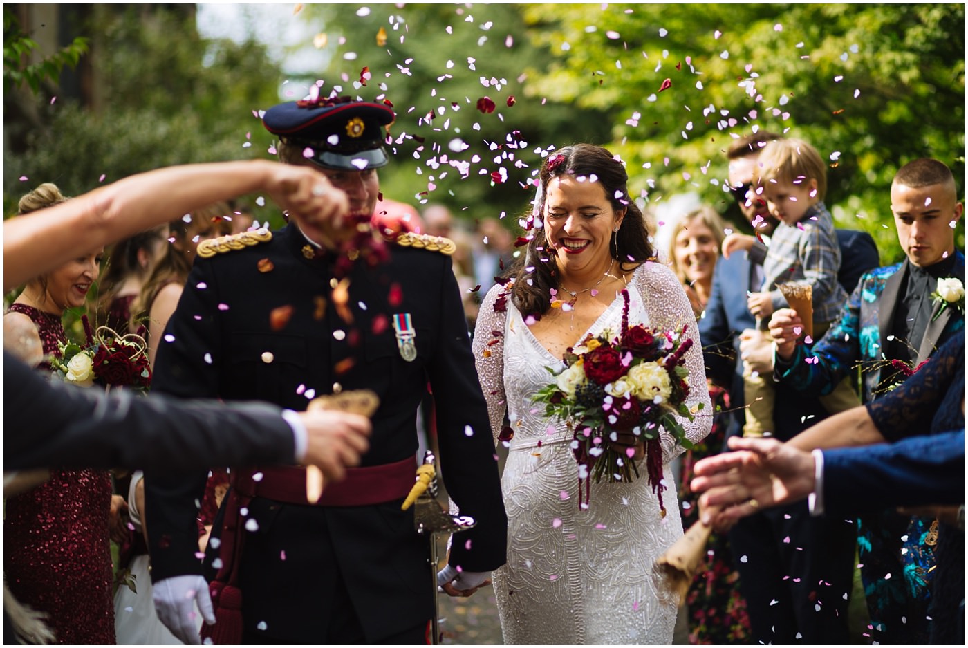 confetti shower at didsbury military wedding