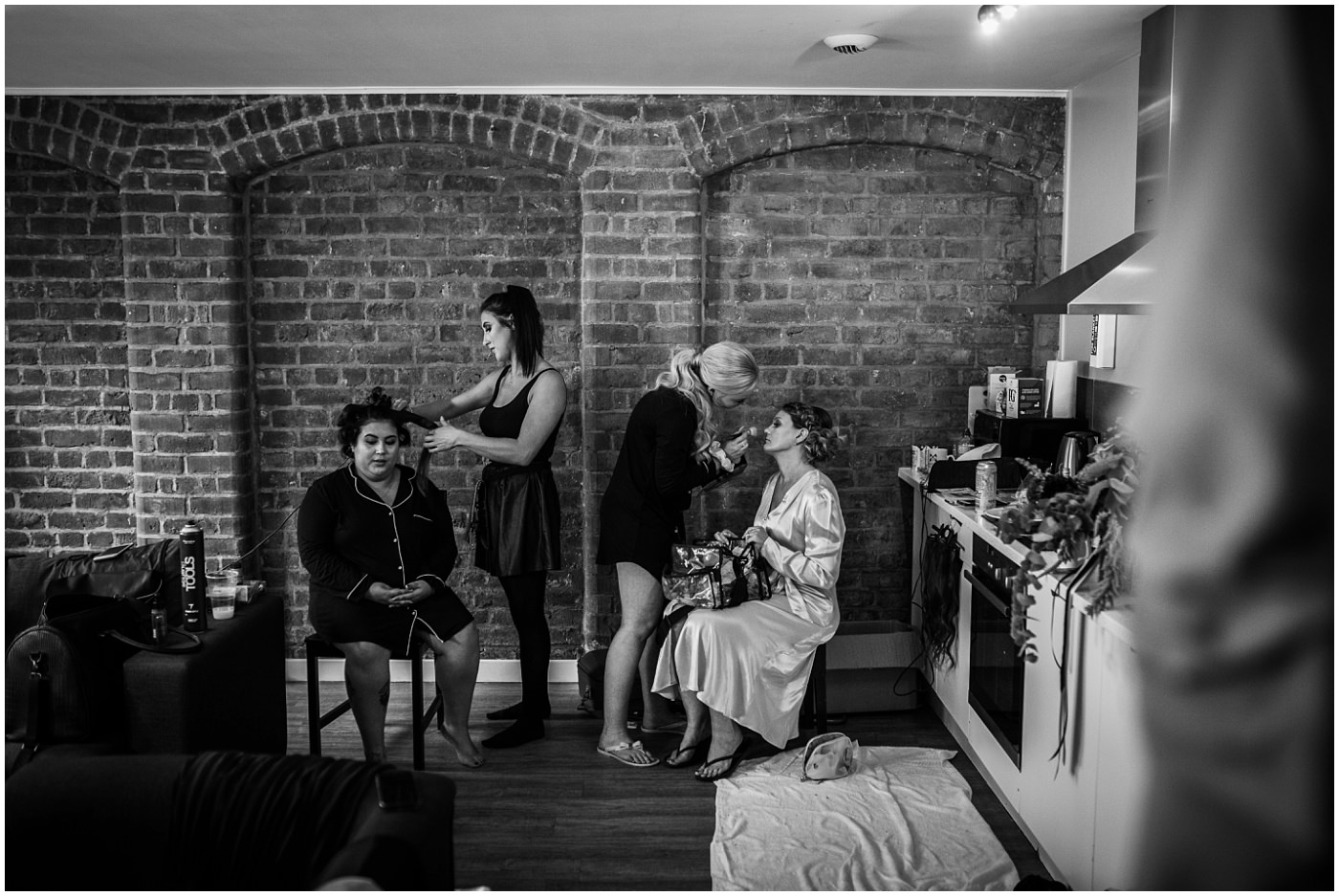 Manchester Wedding Bridal prep in black and white