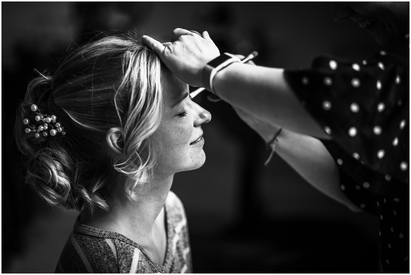 bridal prep photograph in black and white