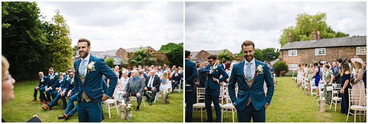 Groom waits nervously for his bride at a beautiful outdoor ceremony at Stock Farm
