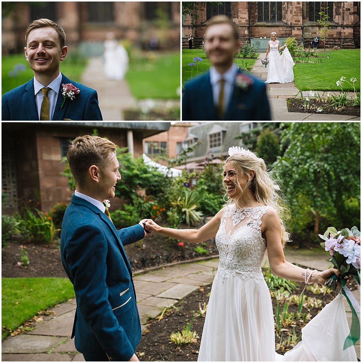 bride and groom first look in chester cathedral grounds