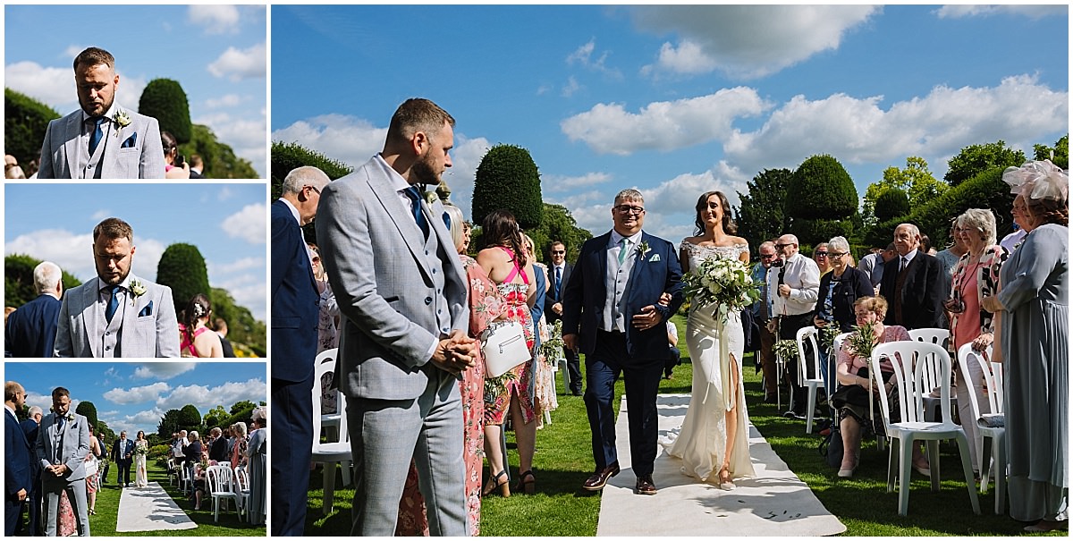 bride arrives at outdoor ceremony at arley hall and gardens