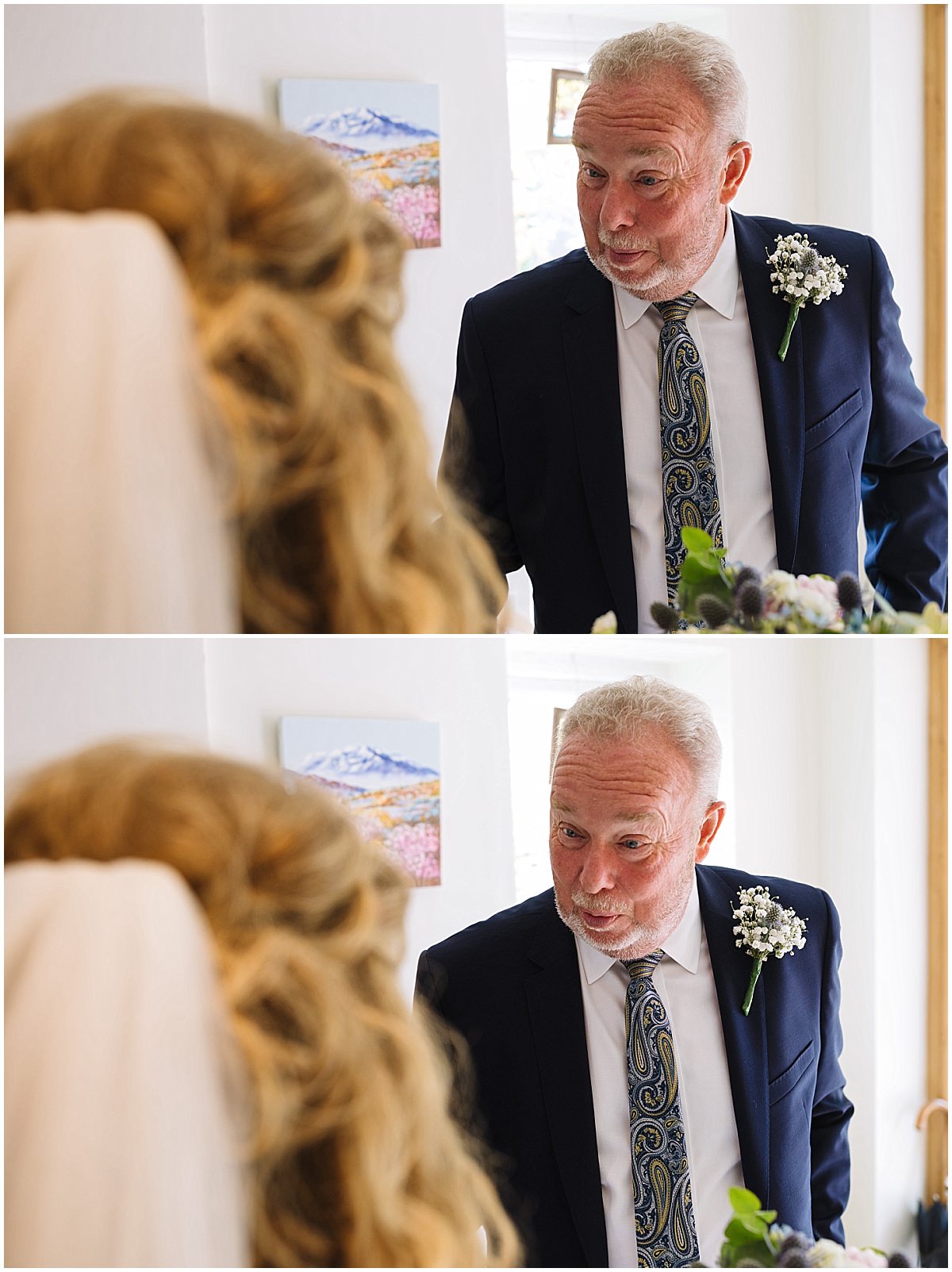 father of the bride reacts as he sees daughter in wedding dress