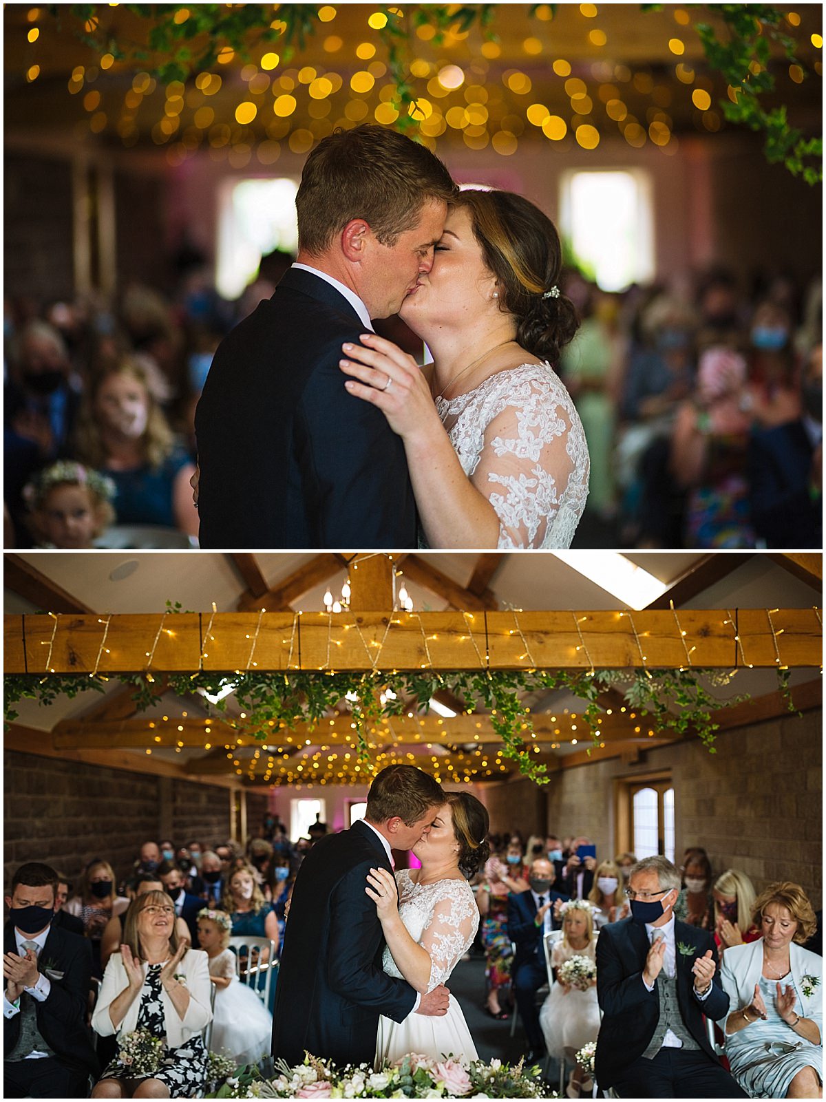 bride and groom first kiss in wedding ceremony