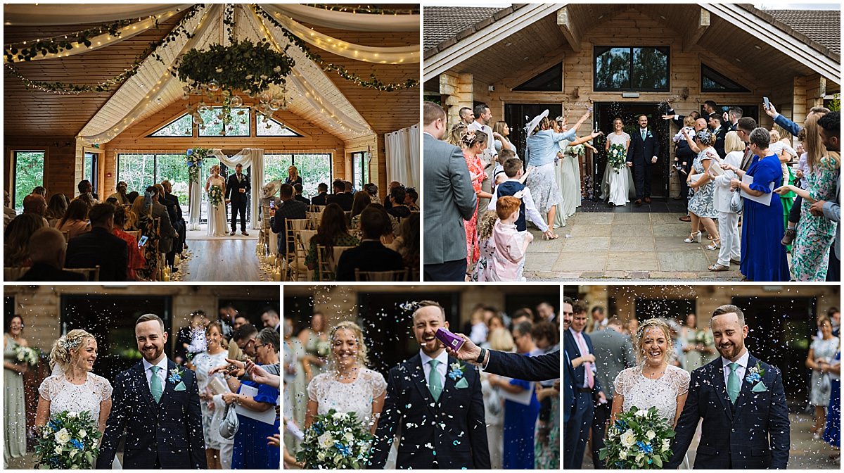 bride and groom exit styal lodge wedding ceremony in a shower of confetti