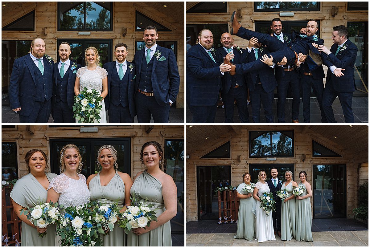 bridal party photos in front of the lodge