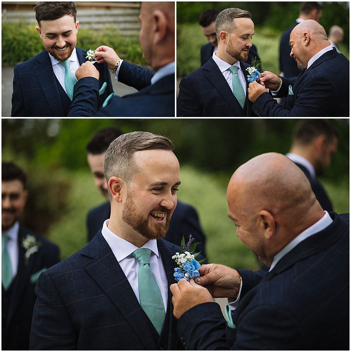 groom and groomsmen recieve their buttonholes at styal lodge