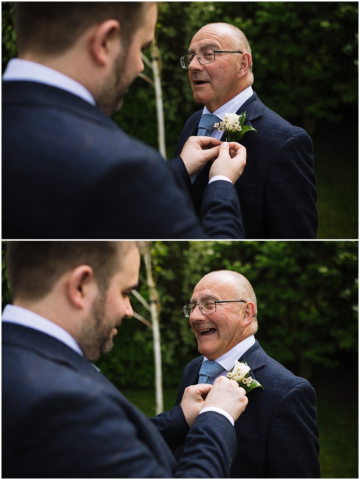 groom pins dads button hole at sandhole oak barn