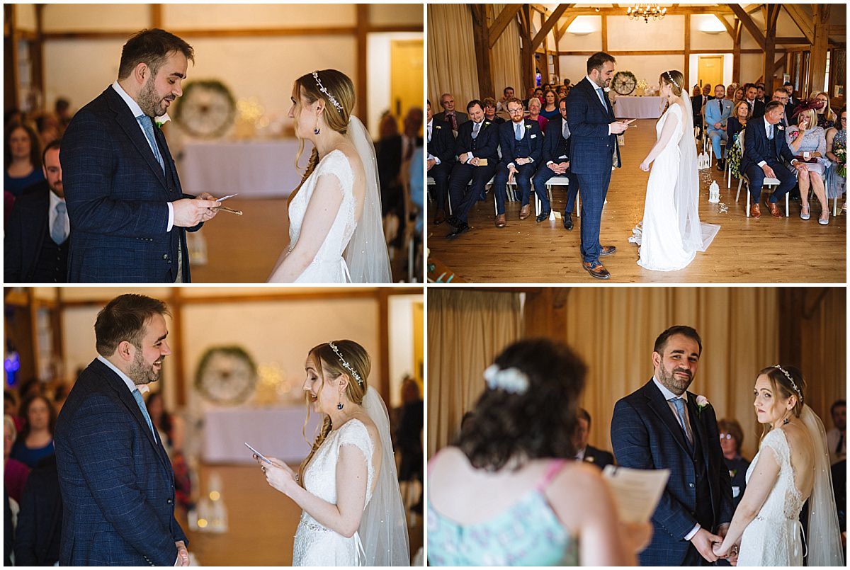 beautiful personalised vows at intimate wedding ceremony at sandhole oak barn