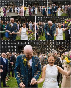A collage of photos capturing a wedding couple smiling as guests throw flower petals at them during a celebration outside a gothic-style building.