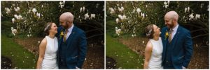 A diptych featuring a bride in a white dress and a groom in a blue suit, both smiling as they look at each other with a magnolia tree blooming in the background.