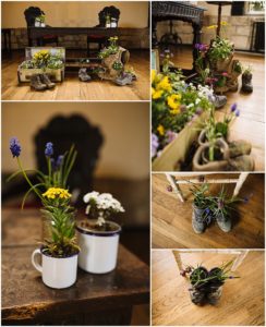 A collage of six images featuring rustic floral arrangements inside various unconventional containers such as boots, pots, and suitcases on a wooden floor inside a room with a bench and fireplace.