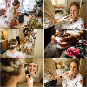 A collage of six images showing a bride's preparation on her wedding day. The photos feature her laughing while sitting on the floor, receiving makeup from a makeup artist, looking in a mirror, sitting in a chair reading a letter, holding a mug labeled "Bride," and getting her makeup done while holding a mirror. She's wearing a floral robe and appears to be in a room filled with natural light.