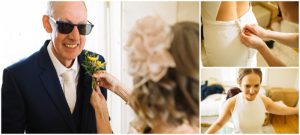 A collage of three wedding preparation photos. On the left, a smiling man in a blue suit and sunglasses is getting a boutonniere pinned to his lapel. Top right, hands fasten the back of a bride's white dress. Bottom right, the bride, dressed in a white gown, smiles as she gets ready.