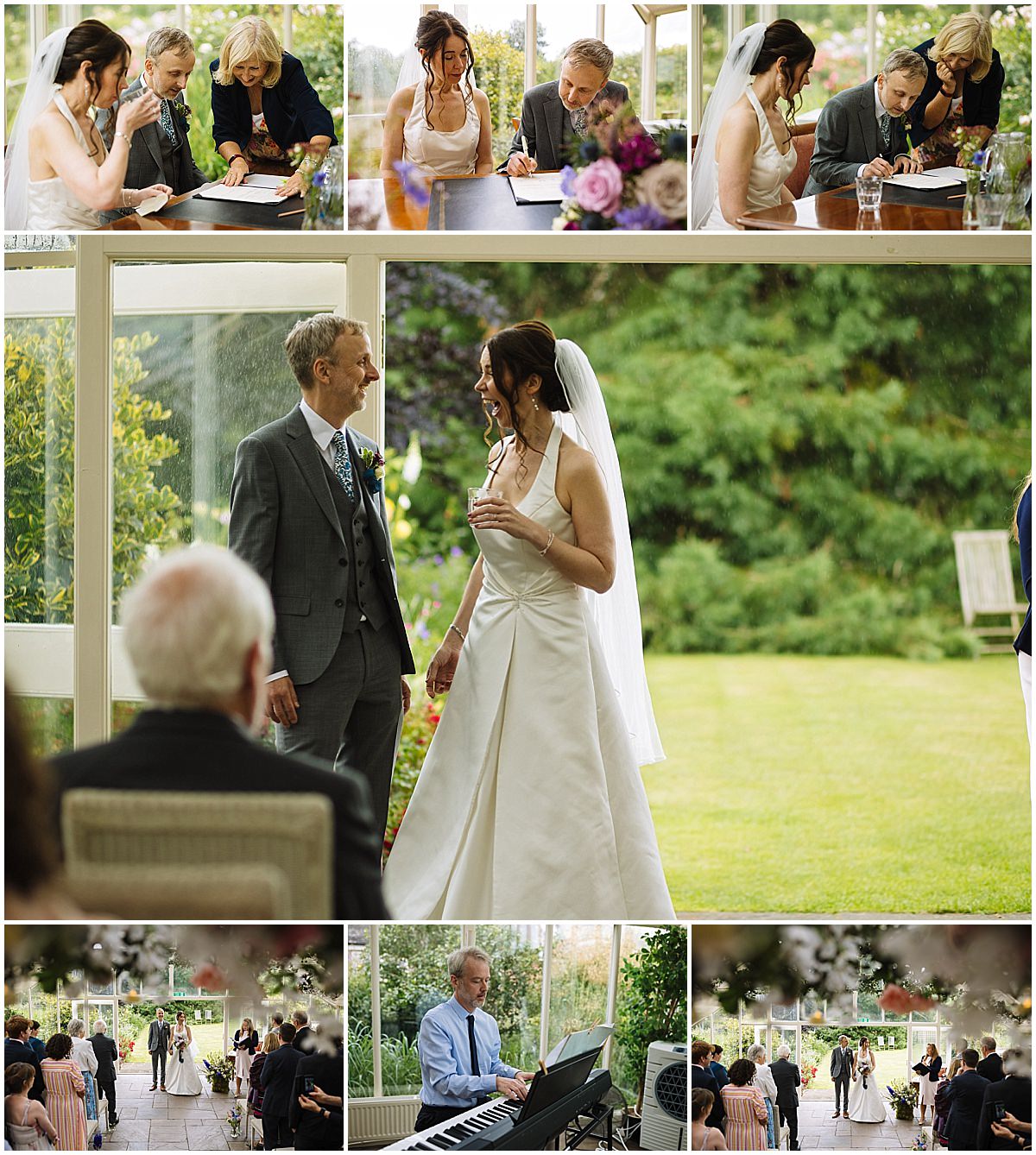 A collage capturing intimate moments from a wedding ceremony, including the couple signing documents, exchanging glances, and a musician playing piano in a lush garden setting at Abbeywood Estate