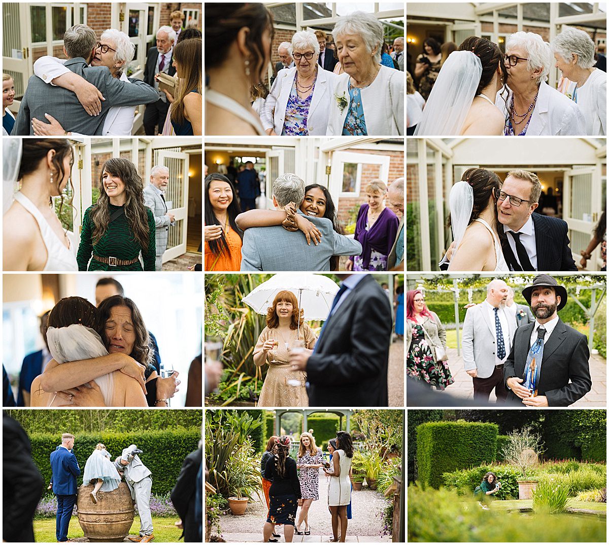 Celebration of Love::A collage capturing joyful moments from a wedding reception, featuring guests embracing, mingling, and enjoying the festive atmosphere in a beautifully landscaped setting.