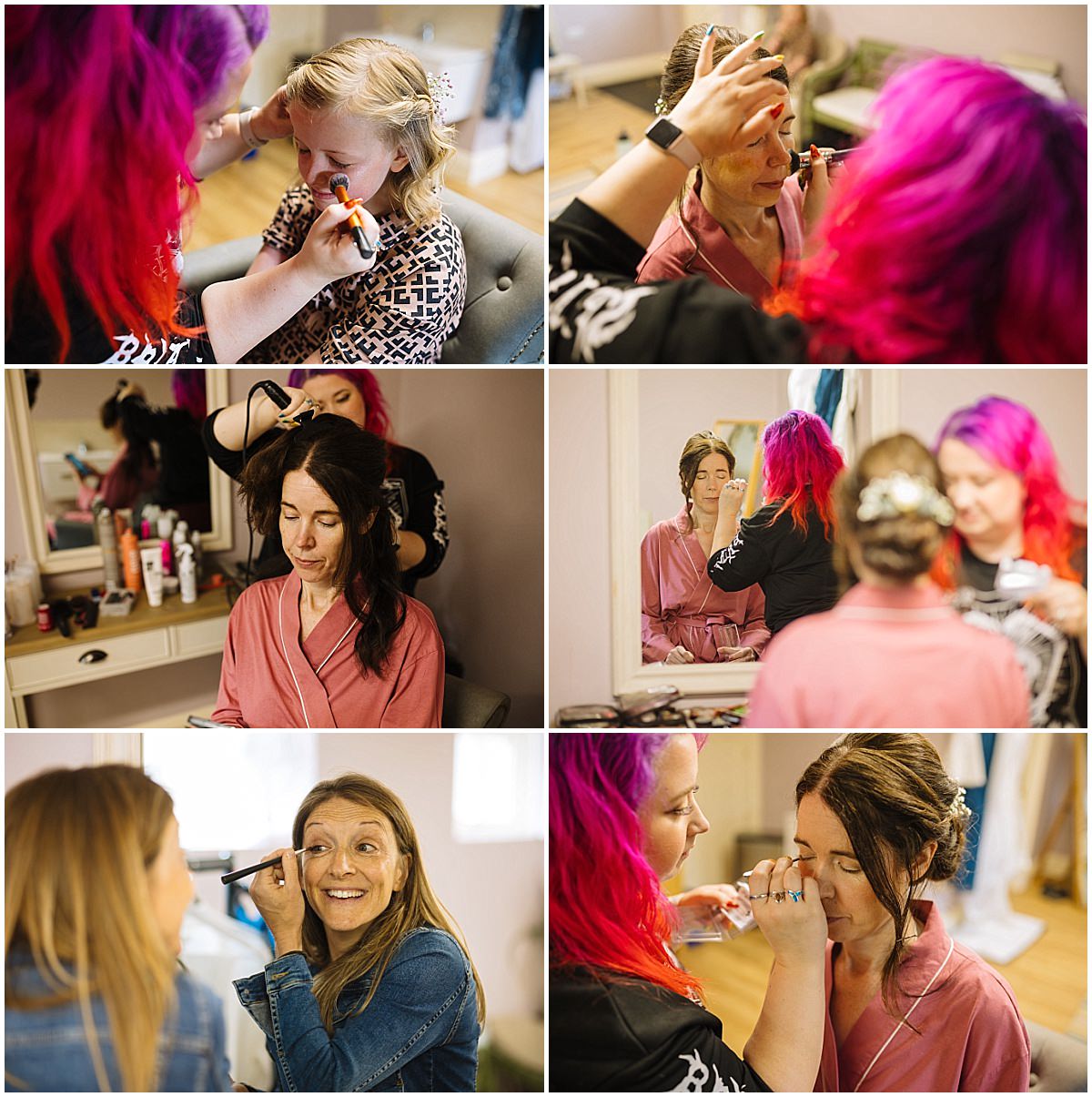 A collage showcasing several women receiving professional makeup and hair styling in a bright, stylish setting at Abbeywood Estate