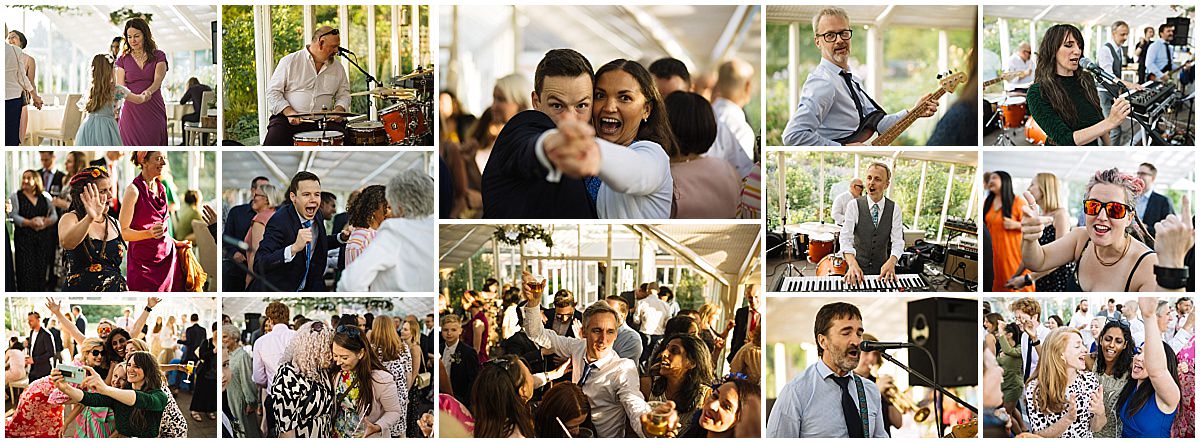 A vibrant collage capturing guests dancing and enjoying live music at a lively event.