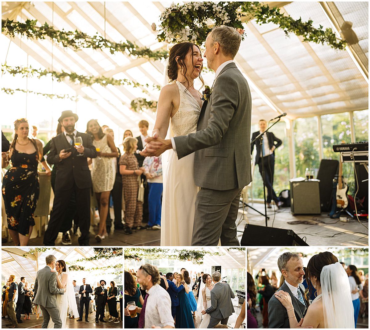 A joyful couple shares their first dance at a beautifully decorated abbeywood estate wedding reception, surrounded by happy guests and a lively atmosphere.