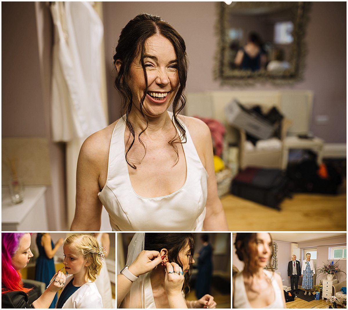 A smiling bride in a satin wedding dress, surrounded by friends and family as she gets ready, adorned with elegant makeup and accessories.