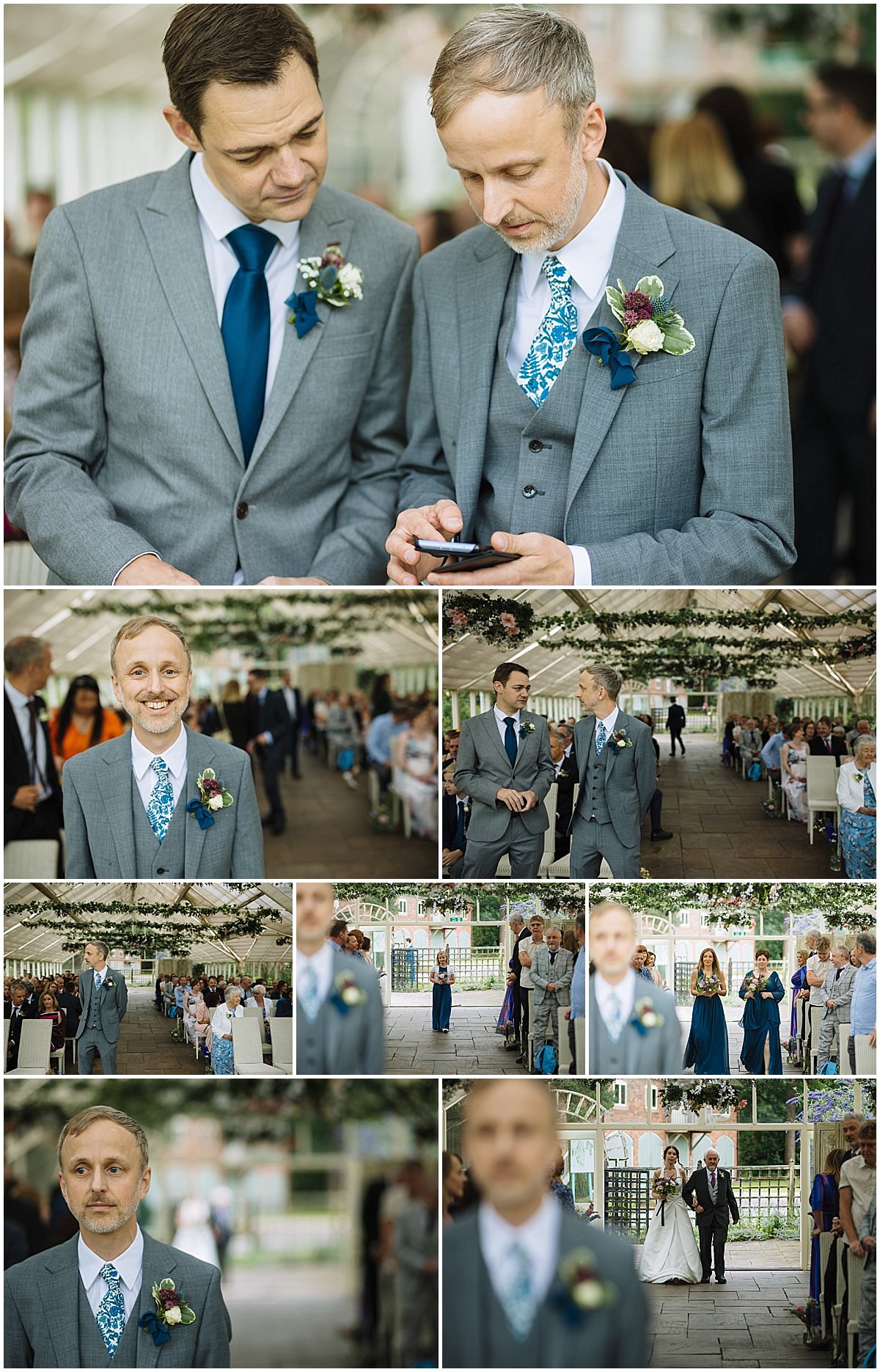 A collection of candid moments featuring two men in gray suits sharing a phone, smiles, and guests seated in a beautifully decorated wedding venue.