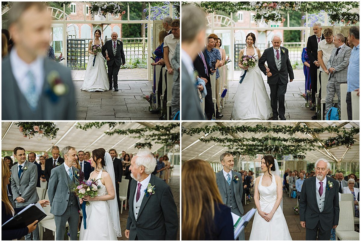 The bride walks down the aisle with her father, surrounded by guests, capturing emotional exchanges and joyful anticipation.