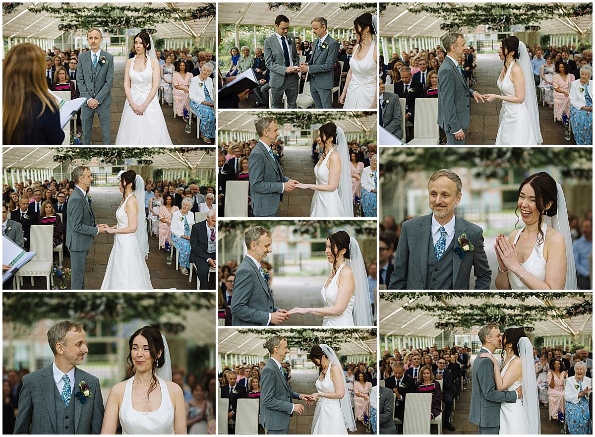 A collage of joyful moments from a wedding ceremony featuring the couple exchanging vows in front of a large audience in a beautifully decorated abbeywood estate wedding.